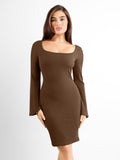 Popilush® Formal Bodycon Party Winter Dress Built-In Shapewear Bell Sleeve Square-Neck Midi Dress