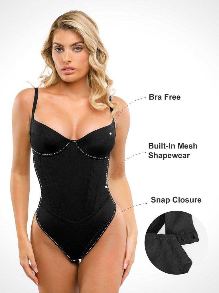Shapewear Bodysuit Thong for Women Thong Body Shaper Slimming Bodysuit with  Waist Trainer Corset (Black, XL)