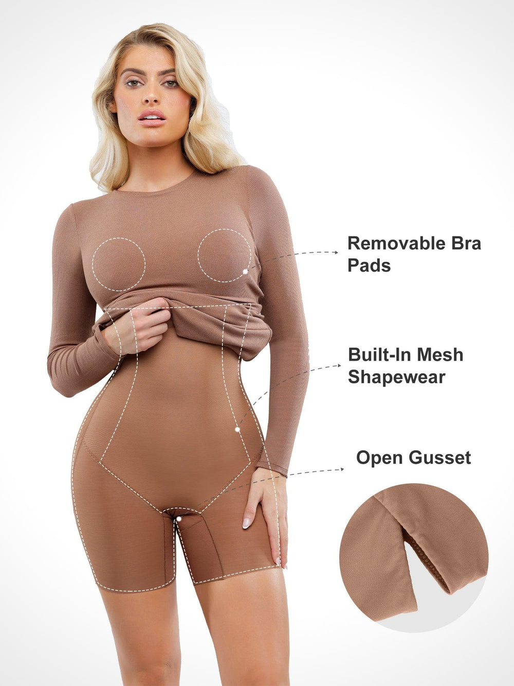 Popilush® Built-In Shapewear Crew Neck Long Sleeve Midi Dress