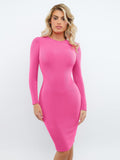 Popilush® Formal Bodycon Party Winter Dress Sale Pink / XS Built-In Shapewear Crew Neck Long Sleeve Midi Dress