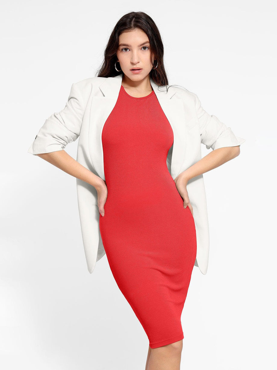 Built-In Shapewear Halter A-Line Sleeveless Midi Dress