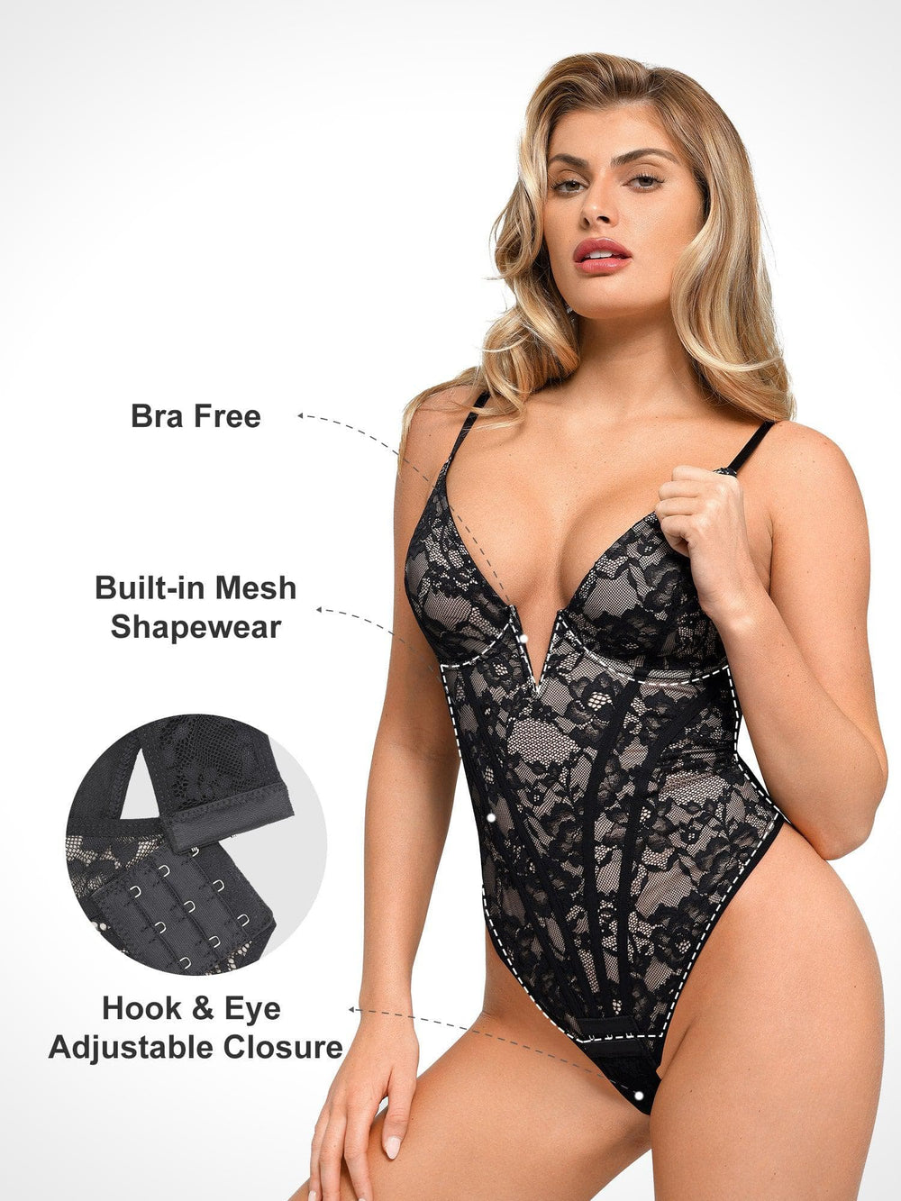 Popilush® Tops Body Shaper Built-In Shapewear Deep-V Neck Lace Thong Bodysuit