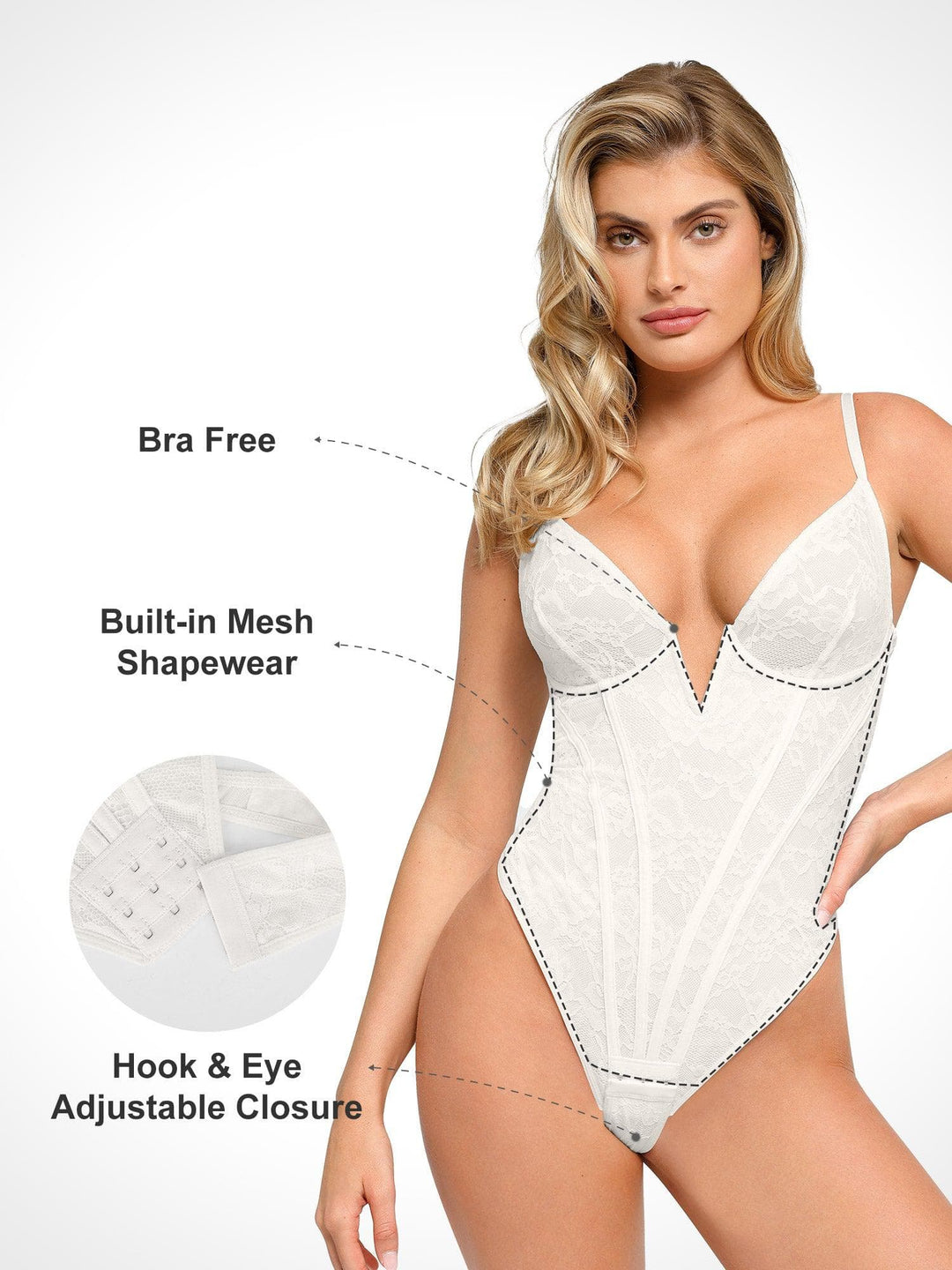 Popilush® Tops Body Shaper Built-In Shapewear Deep-V Neck Lace Thong Bodysuit