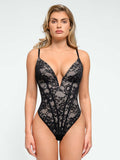 Popilush® Black / S Built-In Shapewear Deep-V Neck Lace Thong Bodysuit