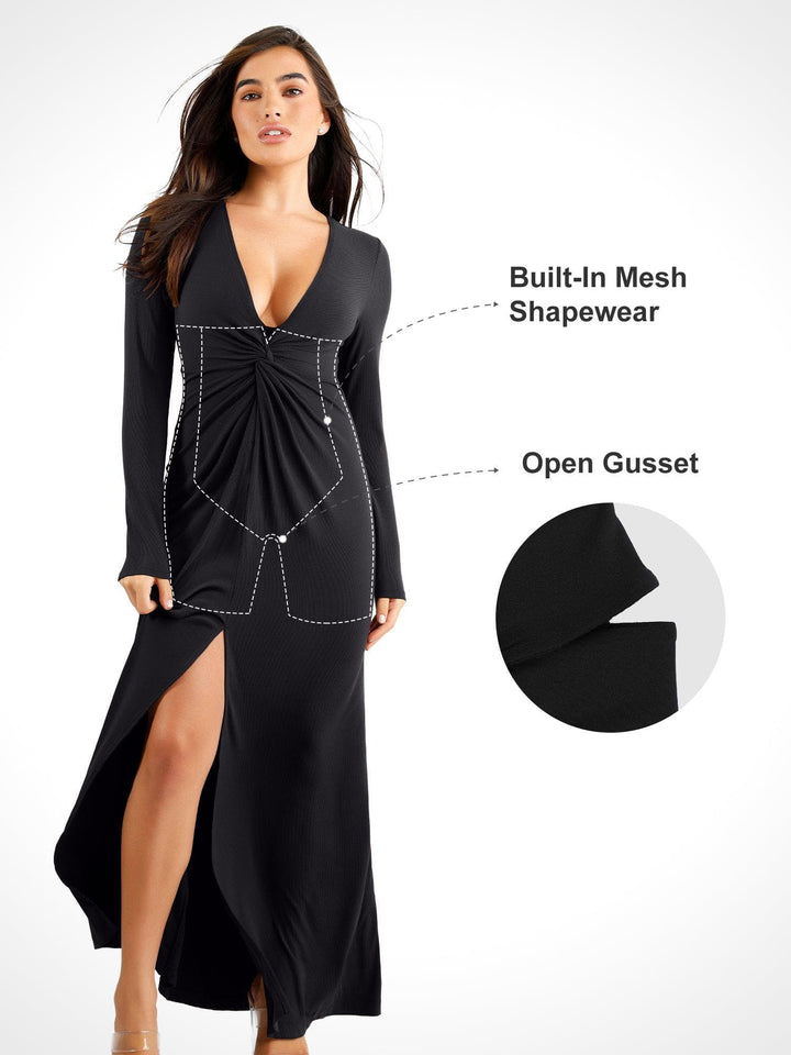 Popilush® Long Sleeve Party Dress Built-In Shapewear Deep V-Neck Twist Split Maxi Dress