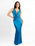 Popilush® Formal Bodycon Party Summer Dress Sea Blue / S Built-In Shapewear Deep V-Neck Twisted Shine Maxi Dress