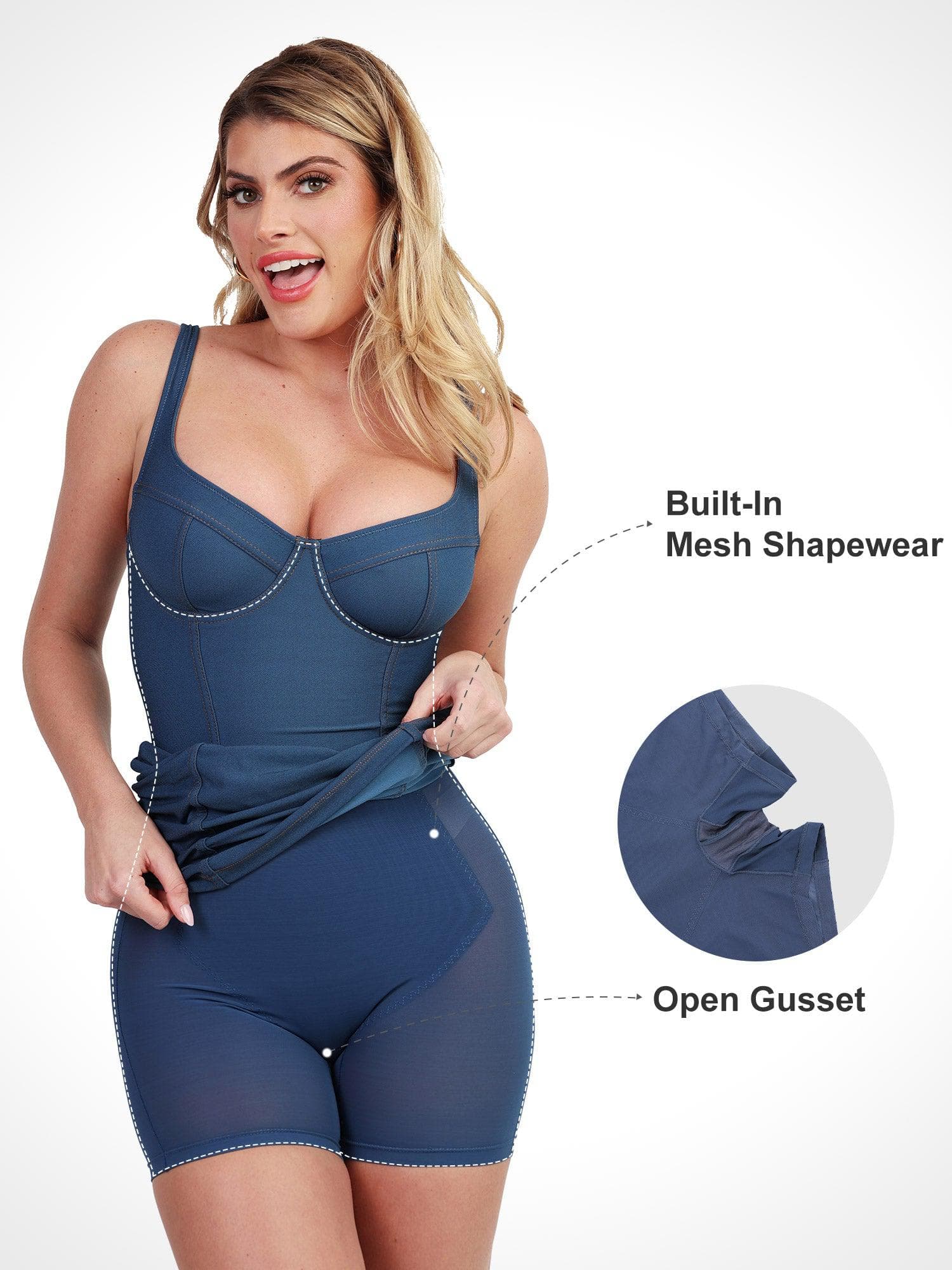 Popilush Denim Shaper & Dress Built-In Shapewear Denim Bodysuit Or Dress Or Jumpsuit