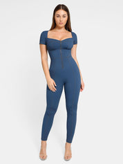 Popilush® Denim Shaper & Dress Short Sleeve Jumpsuit / Blue / S Built-In Shapewear Denim Bodysuit Or Dress Or Jumpsuit