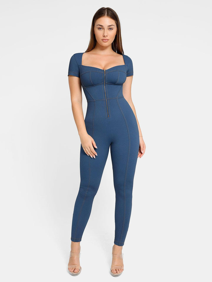 Popilush® Denim Shaper & Dress Short Sleeve Jumpsuit / Blue / S Built-In Shapewear Denim Bodysuit Or Dress Or Jumpsuit