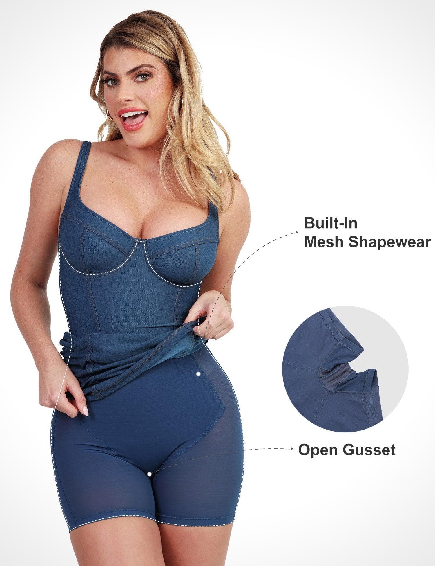 Popilush Denim Shaper & Dress Built-In Shapewear Denim Bodysuit Or Romper Or Dresses