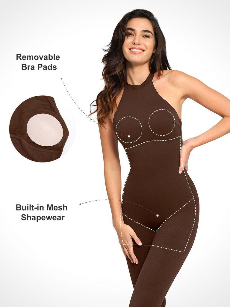 Popilush Jumpsuit for Women Built In Shapewear Tummy Control Bodysuit  Sleeveless Body Shaper Square Neck Sports Romper