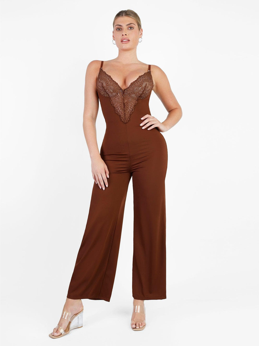 Popilush? Built-In Shapewear Lace  Thong Bodysuit Or Wide-Leg Jumpsuit Or Maxi Dress