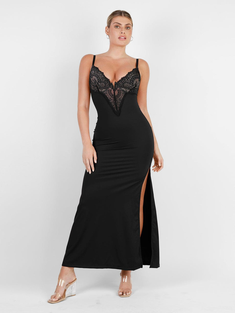 Popilush Lace Shapewear Dress V Neck Satin Drape Maxi Dress Built in  Shapewear Strappy Split Slit Bodycon Cocktail Long Dresses Black S :  : Clothing, Shoes & Accessories