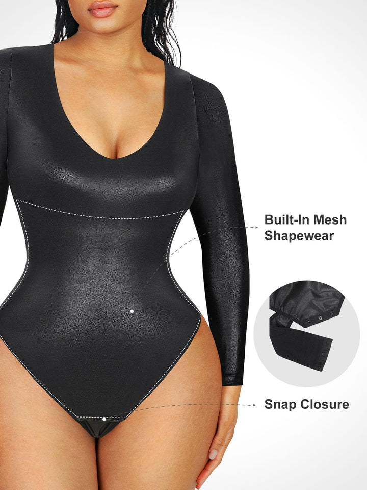 Popilush Faux Leather Collection Built-In Shapewear Leather Bodysuit or Midi Skirt or Mini Skirt or Leggings