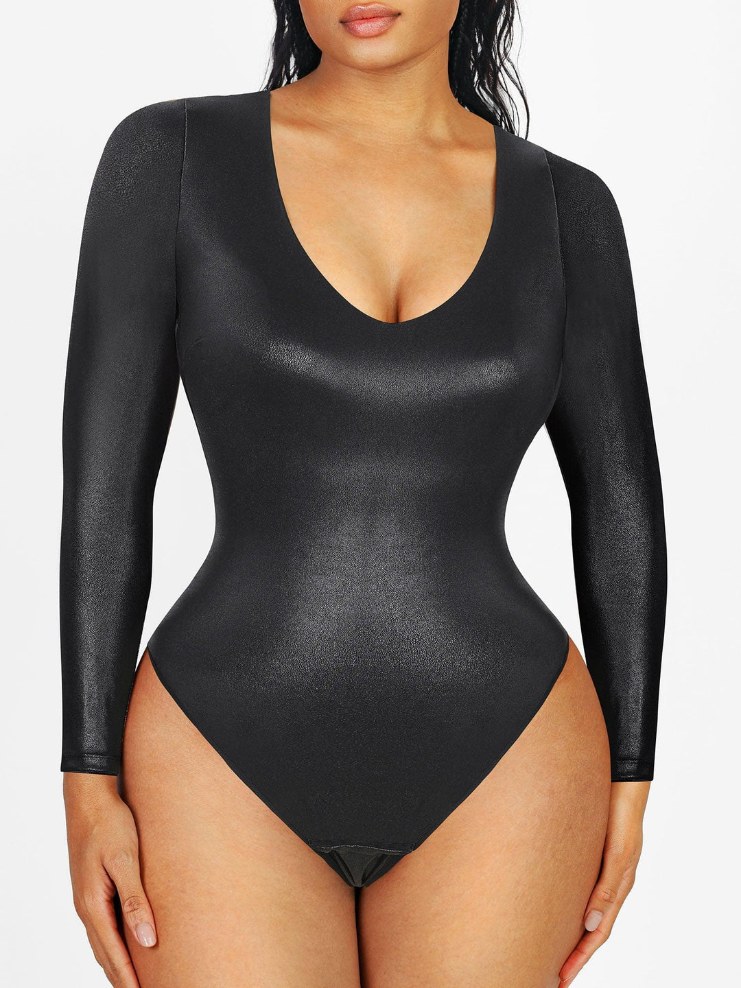 Popilush Faux Leather Collection Long Sleeve Bodysuit / Black / XS Built-In Shapewear Leather Bodysuit or Midi Skirt or Mini Skirt or Leggings