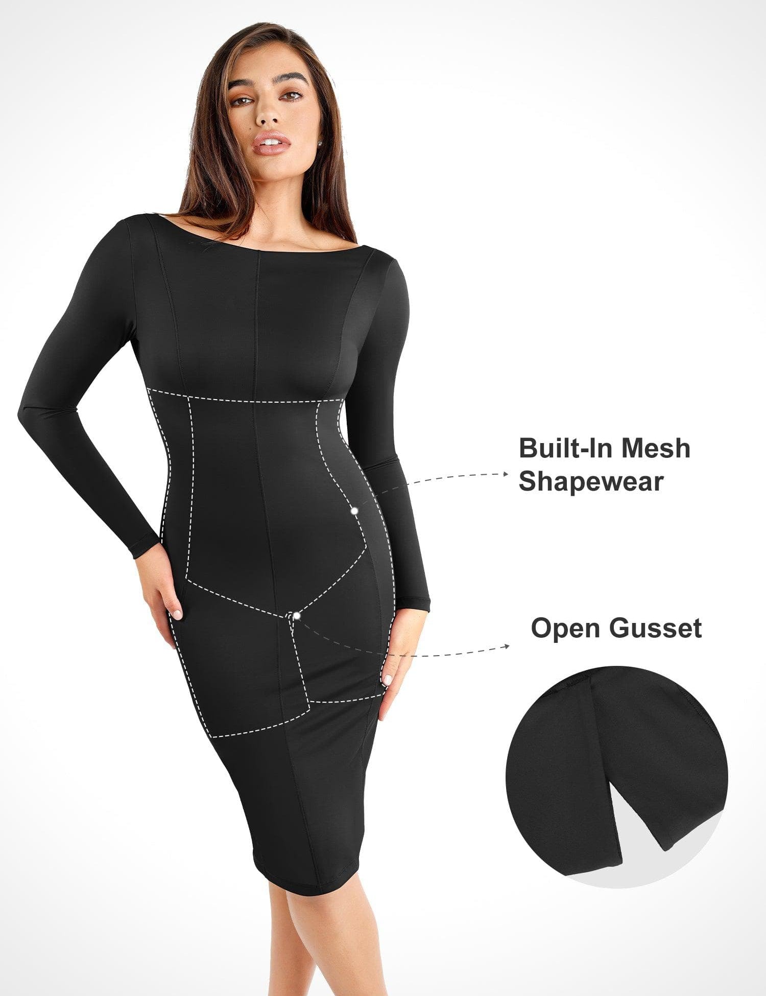 Popilush® Formal Bodycon Party Winter Dress Built-In Shapewear Long Sleeve Crew Neck Backless Midi Dress