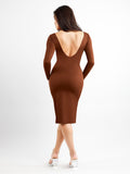 Popilush® Formal Bodycon Party Winter Dress Built-In Shapewear Long Sleeve Crew Neck Backless Midi Dress