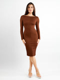 Popilush® Formal Bodycon Party Winter Dress Built-In Shapewear Long Sleeve Crew Neck Backless Midi Dress