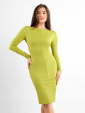 Popilush® Formal Bodycon Party Winter Dress Key Lime / S Built-In Shapewear Long Sleeve Crew Neck Backless Midi Dress