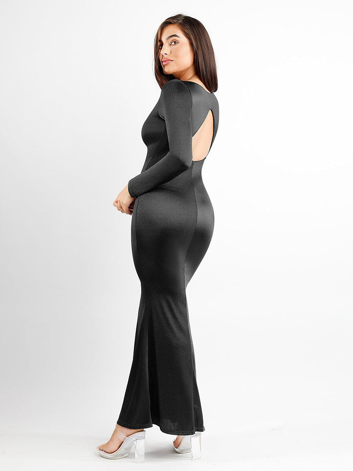 Popilush® Built-In Shapewear V-Neck Long Sleeve Shine Maxi Dress