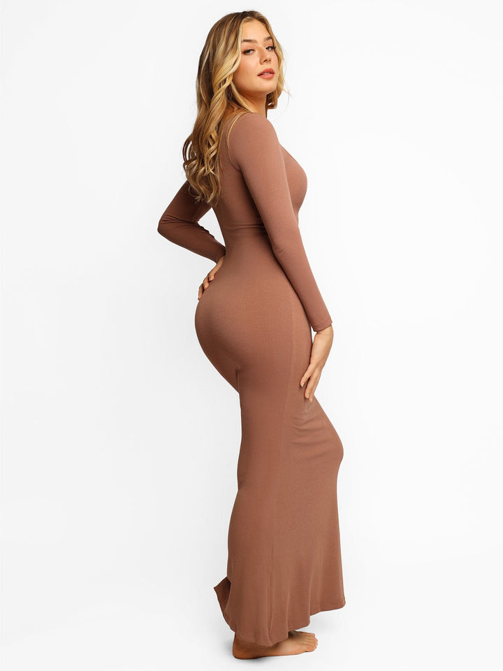 Popilush Square Neck Bodycon Maxi Long Dress Built-in Shaper Modal Long Sleeve Lounge Dress