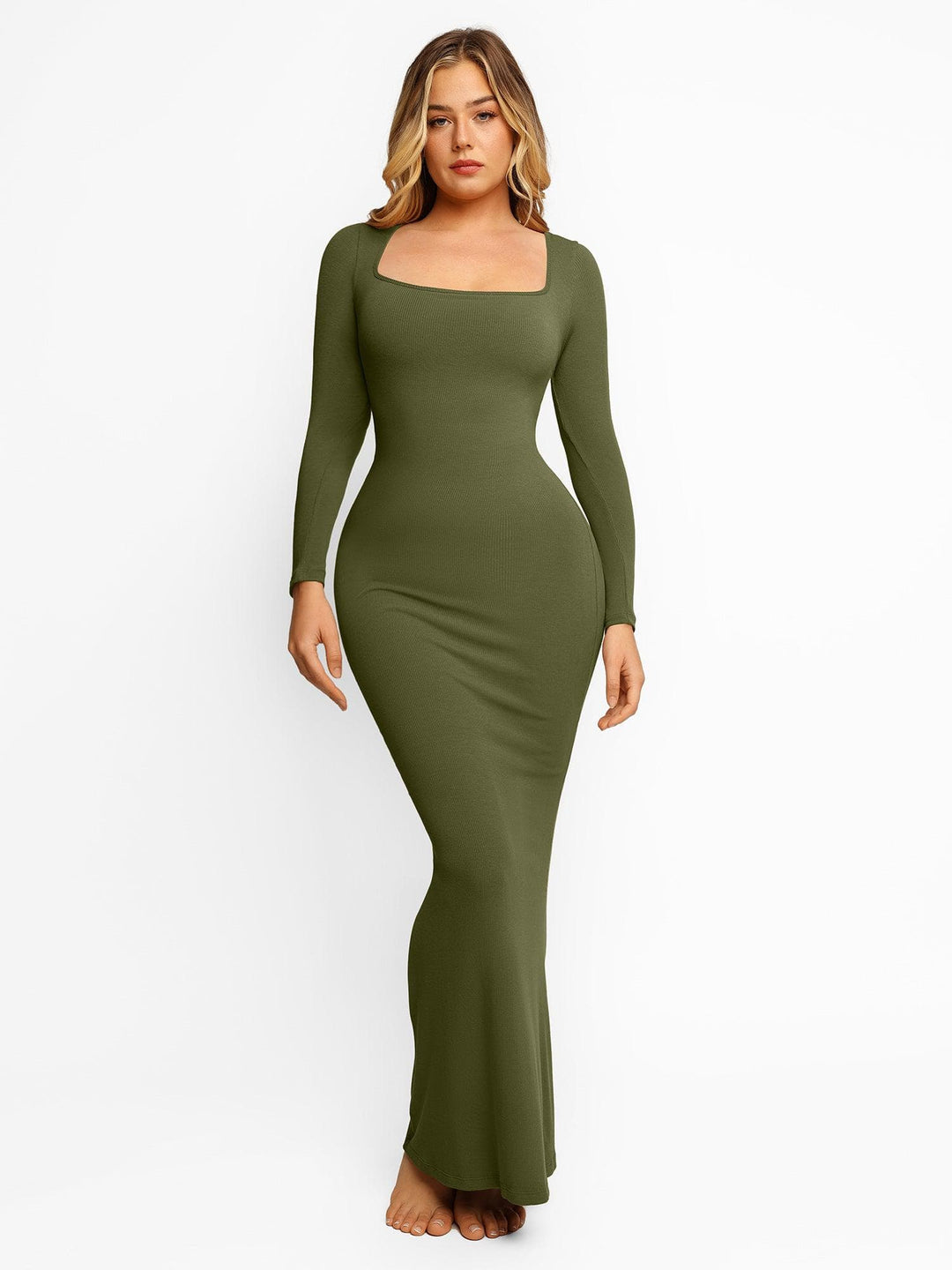 Popilush Square Neck Bodycon Maxi Long Dress Army Green / XS Built-In Shapewear Long Sleeve Maxi Lounge Dress