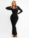 Popilush Square Neck Bodycon Maxi Long Dress Built-in Shaper Modal Long Sleeve Lounge Dress