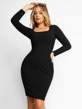 Popilush Bodycon Short Dress Built-in Shapewear Long Sleeve Modal Midi Dress