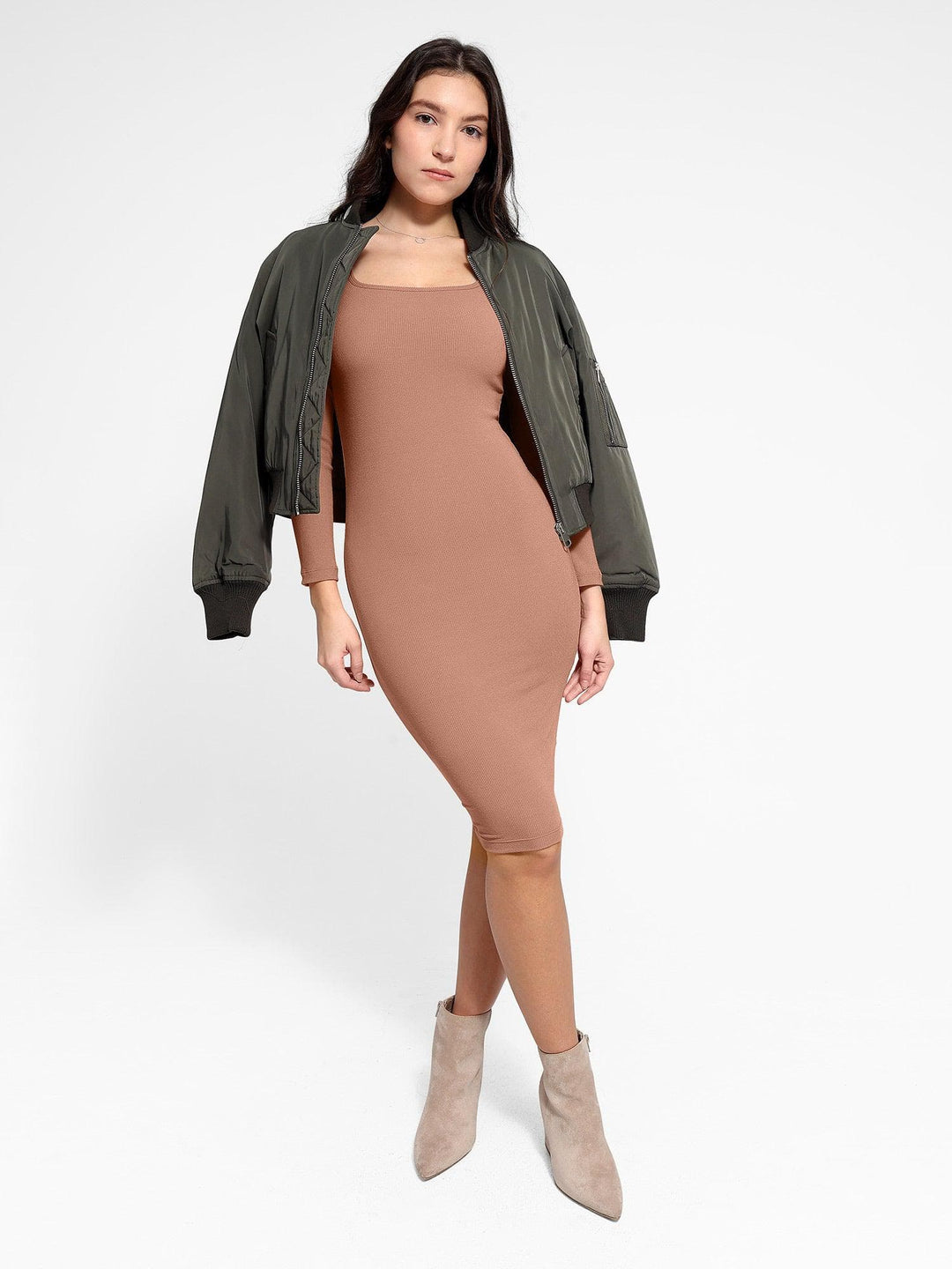 Popilush® Bodycon Short Dress Built-In Shapewear Long Sleeve Midi Lounge Dress