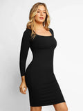 Popilush Bodycon Short Dress Black / S Built-in Shapewear Long Sleeve Modal Midi Dress