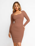 Popilush™ Bodycon Short Dress Light Brown / XS Built-In Shapewear Long Sleeve Midi Lounge Dress