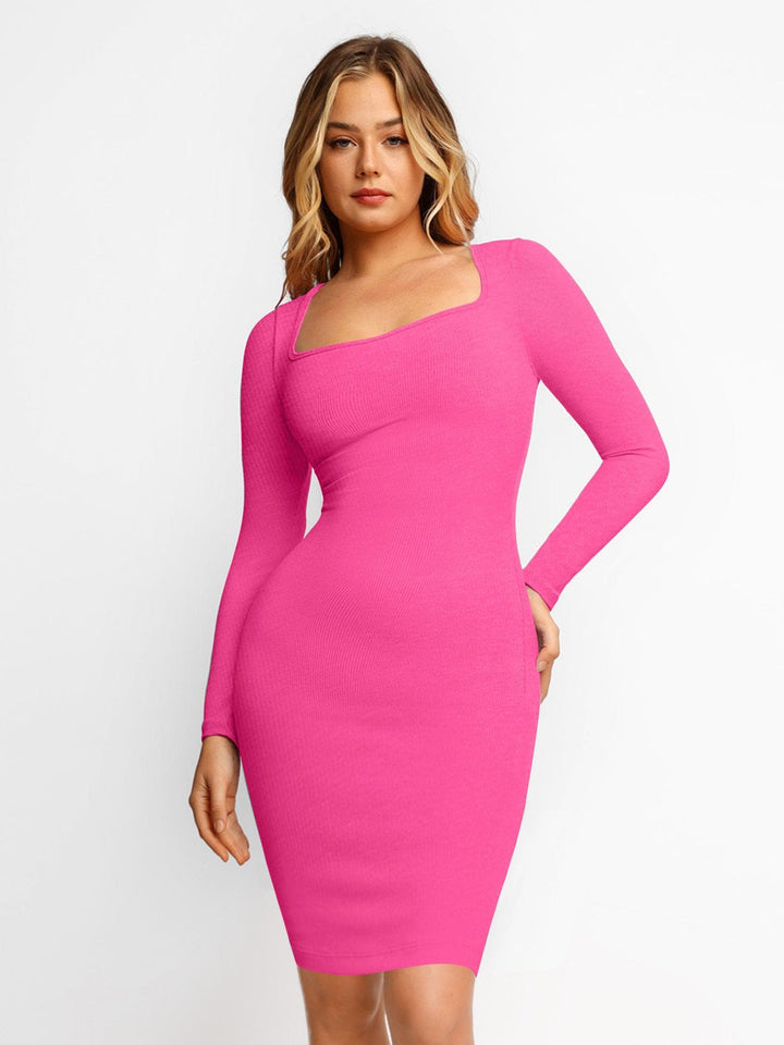 Popilush Bodycon Short Dress Built-In Shapewear Long Sleeve Midi Lounge Dress