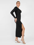 Popilush® Built-In Shapewear Long Sleeve V-neck Split Maxi Dress