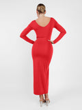 Popilush® Built-In Shapewear Long Sleeve V-neck Split Maxi Dress