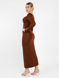 Popilush® Built-In Shapewear Long Sleeve V-neck Split Maxi Dress