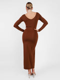 Popilush® Built-In Shapewear Long Sleeve V-neck Split Maxi Dress