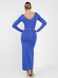 Popilush® Formal Bodycon Party Winter Dress Built-In Shapewear Long Sleeve V-neck Split Maxi Dress