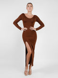 Popilush® Built-In Shapewear Long Sleeve V-neck Split Maxi Dress