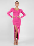 Popilush® Formal Bodycon Party Winter Dress Pink / S Built-In Shapewear Long Sleeve V-neck Split Maxi Dress