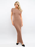 Popilush® Brown / XS Built-In Shapewear Mock Neck Modal Short Sleeve Maxi Dress