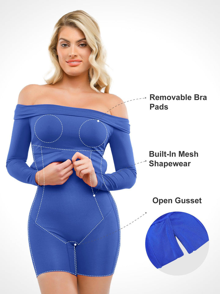 Popilush® Built-In Shapewear Off Shoulder Long Sleeve Midi Dress