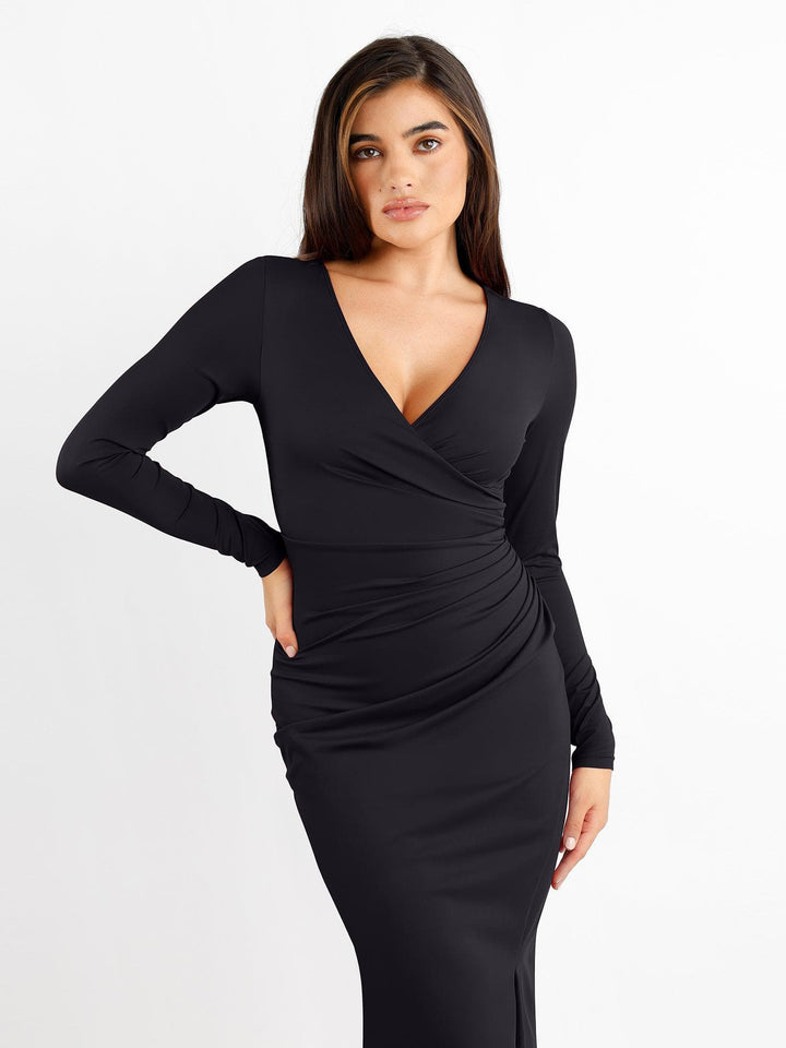 Popilush® Formal Bodycon Party Dress Built-In Shapewear Ruched Long Sleeve Split Midi Dress