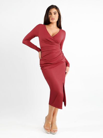 Shapewear Ruched Long Sleeve Faux Wrap Slimming Midi Dress
