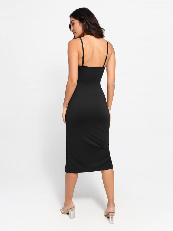 Popilush® Built-In Shapewear Sheer Mesh Slip Split Midi Dress