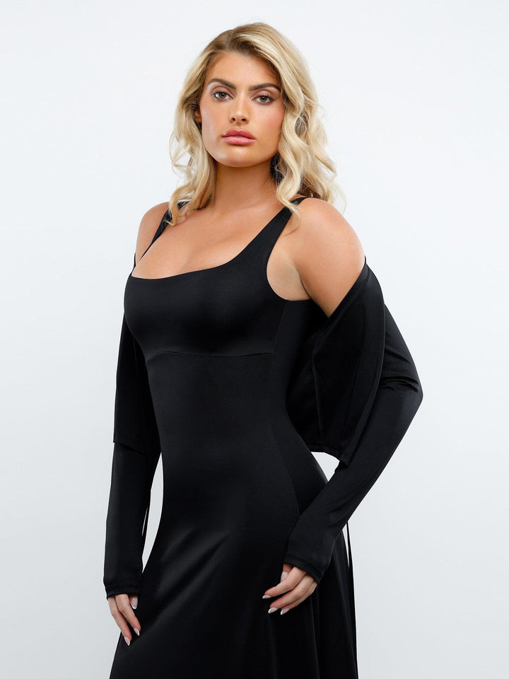 Popilush Long-Sleeve Cardigan 2 Piece Outfit Built-In Shapewear Sleeveless Maxi Dress Or Set