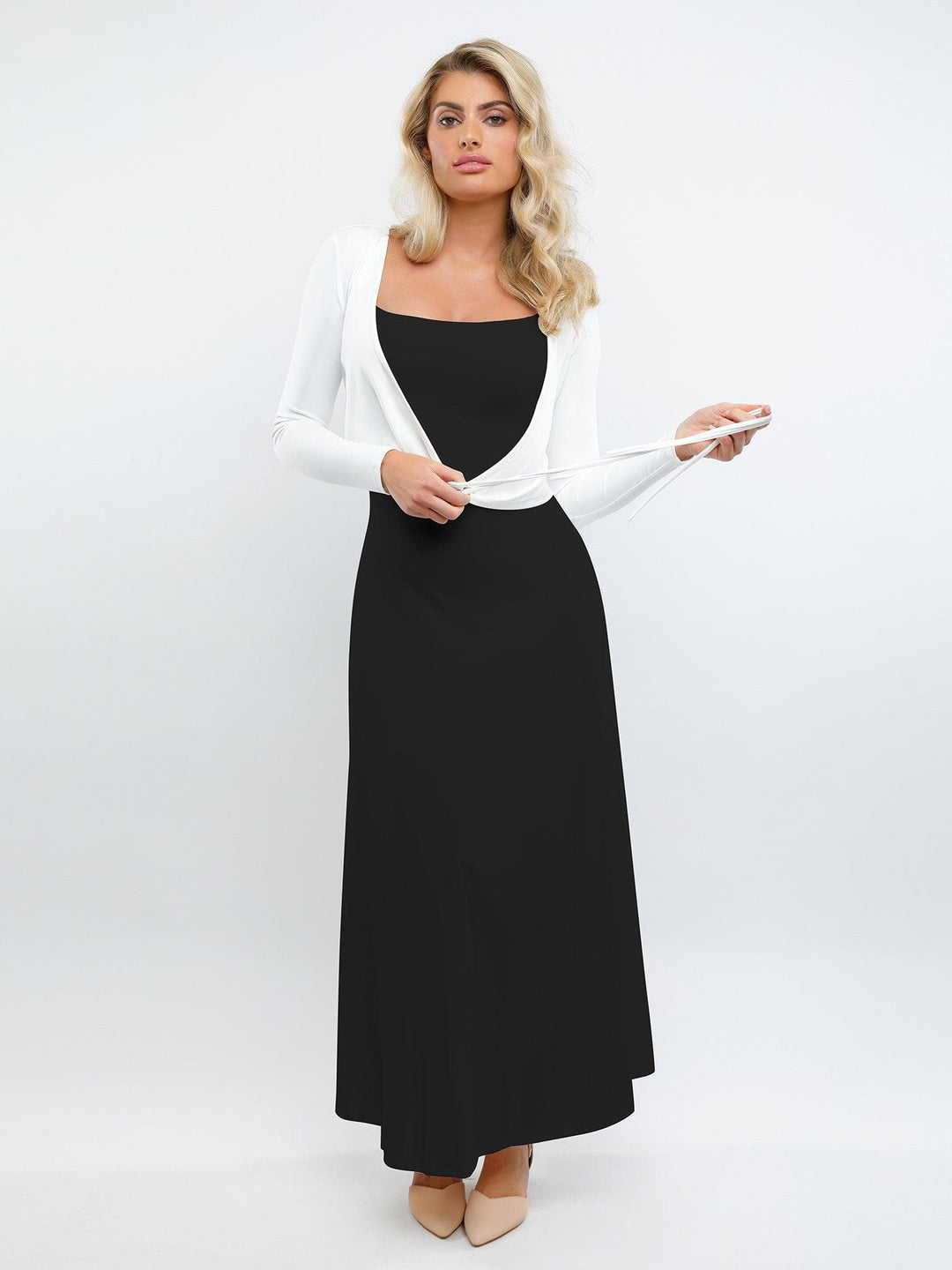 Popilush Long-Sleeve Cardigan 2 Piece Outfit Built-In Shapewear Sleeveless Maxi Dress Or Set