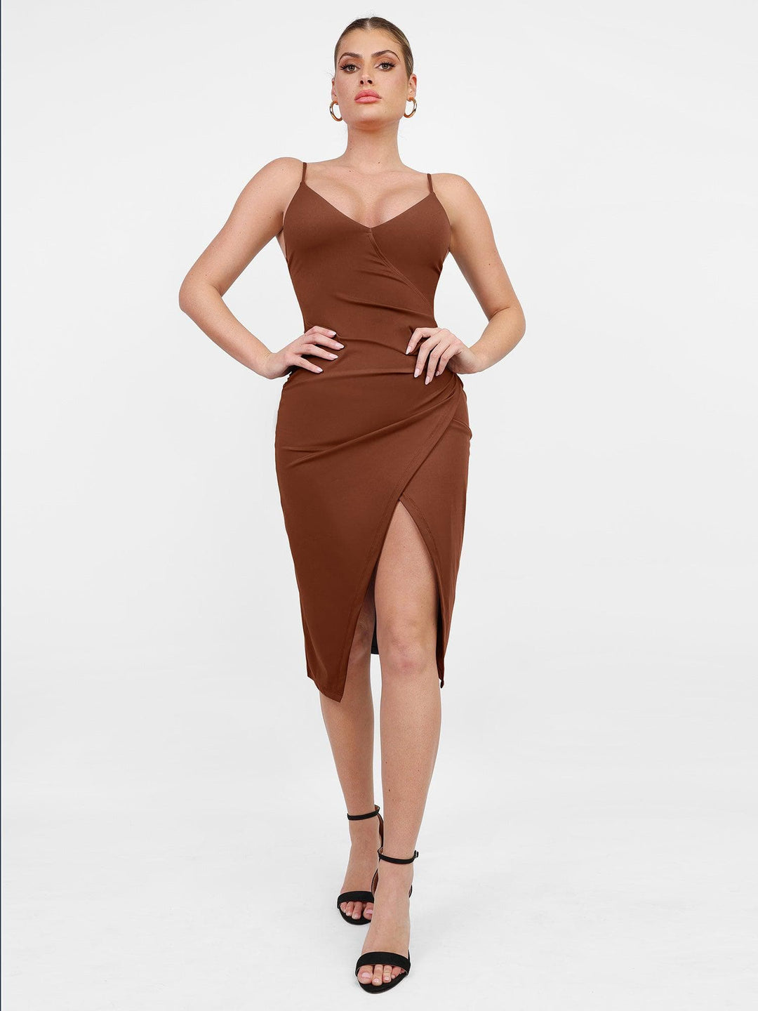 Popilush® Party Bodycon Summer Dress Built-In Shapewear Slip V-Neck Split Midi Dress