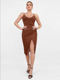 Popilush® Party Bodycon Summer Dress Built-In Shapewear Slip V-Neck Split Midi Dress