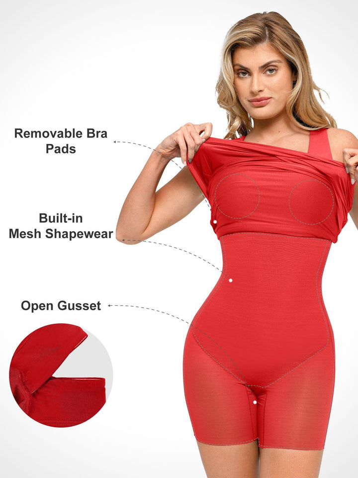 Popilush® Built-In Shapewear Square Neck Ruched Sleeveless Dress