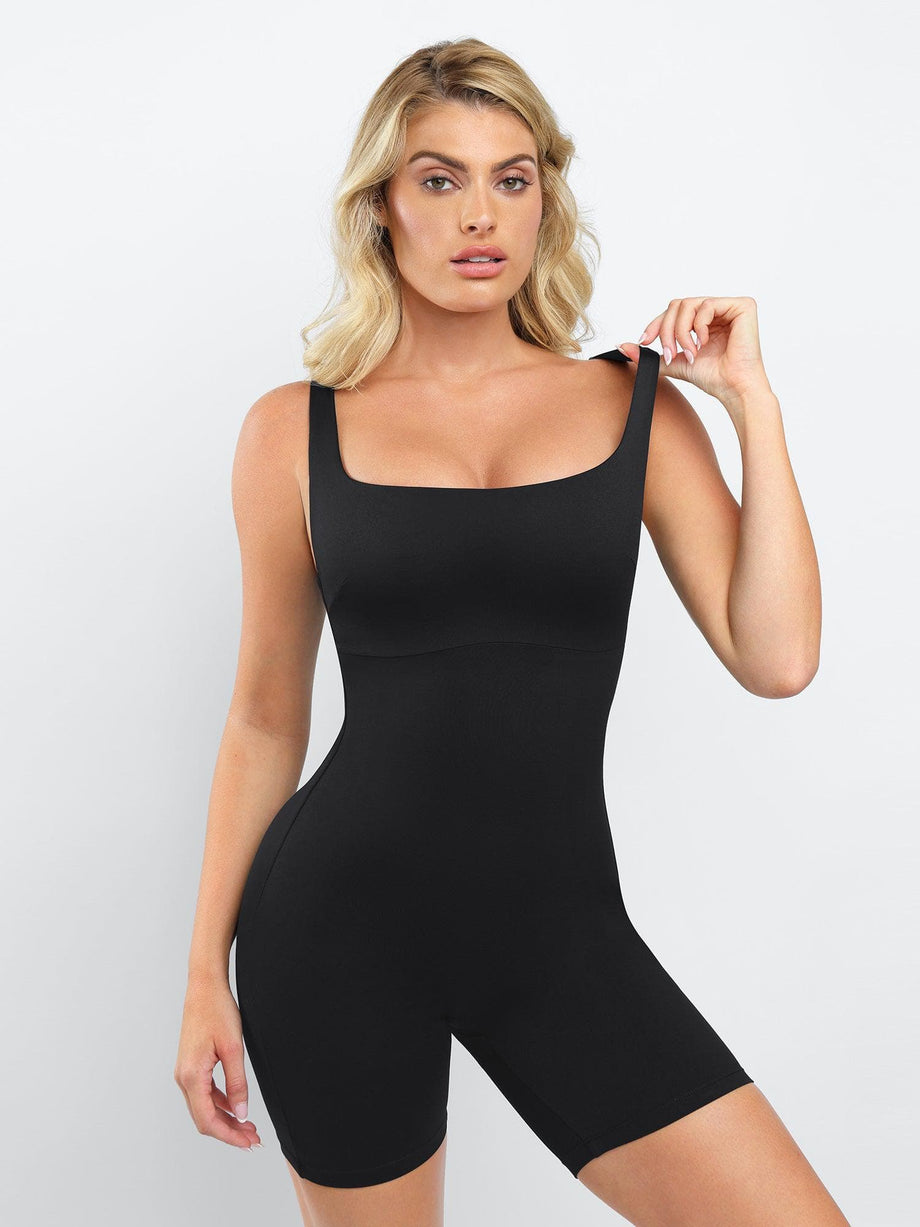 Built-In Shapewear Square-Neck Thigh Slimming Workout Romper